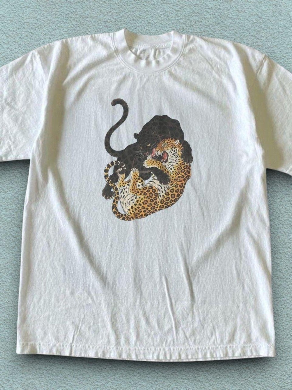 Gildan White Short Sleeve Tee with Leopard & Panther Graphic